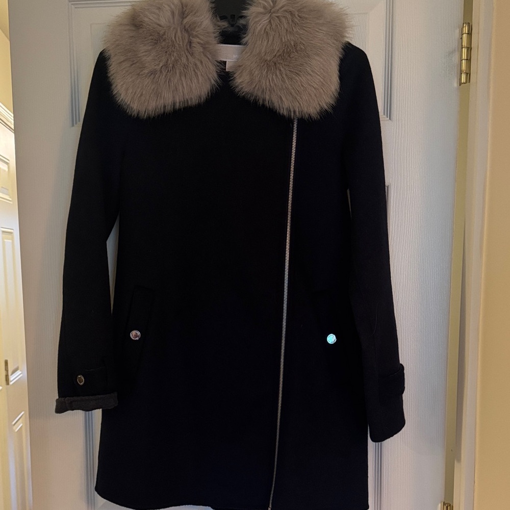 Michael Kors Black Trench Coat with Taupe Faux Fur Collar